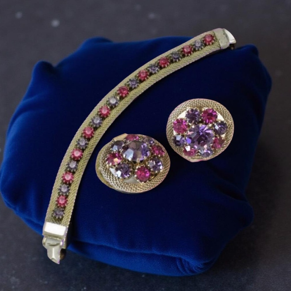 Weiss Mesh Purple Pink Rhinestone Bracelet  & Earrings, 1950s Vintage Jewelry - Picture 11 of 12